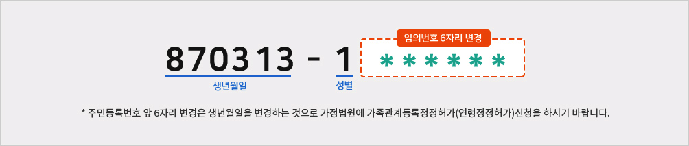 870313(생년월일)-1(성별)******(임의번호 6자리 변경)
	*주민등록번호 앞 6자리 변경은 생년월일을 변경하는 것으로 가정법원에 가족관계등록정정허가(연령정정허가)신청을 하시기 바랍니다.